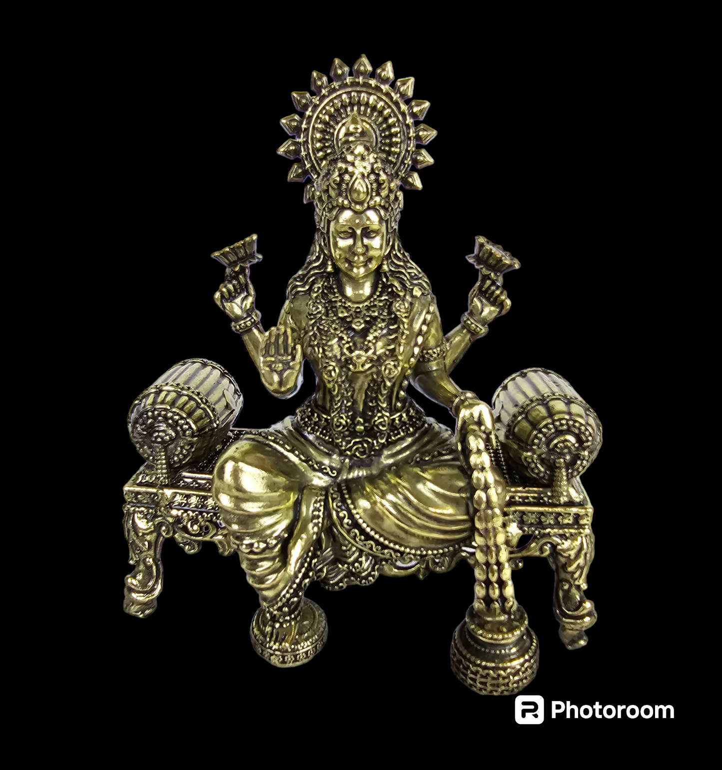 Pure Brass Designer Set of 3 Idols of Ganesha, Lakshmi And Saraswati seated on singhasan.