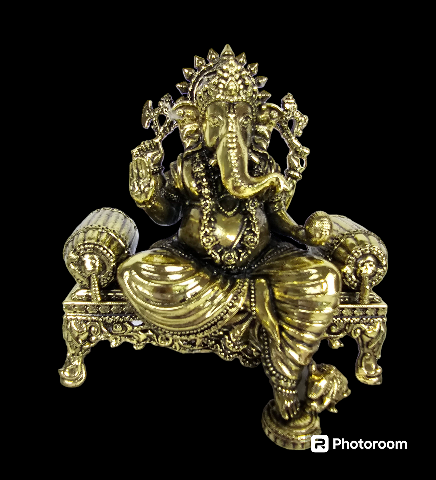 Pure Brass Designer Set of 3 Idols of Ganesha, Lakshmi And Saraswati seated on singhasan.