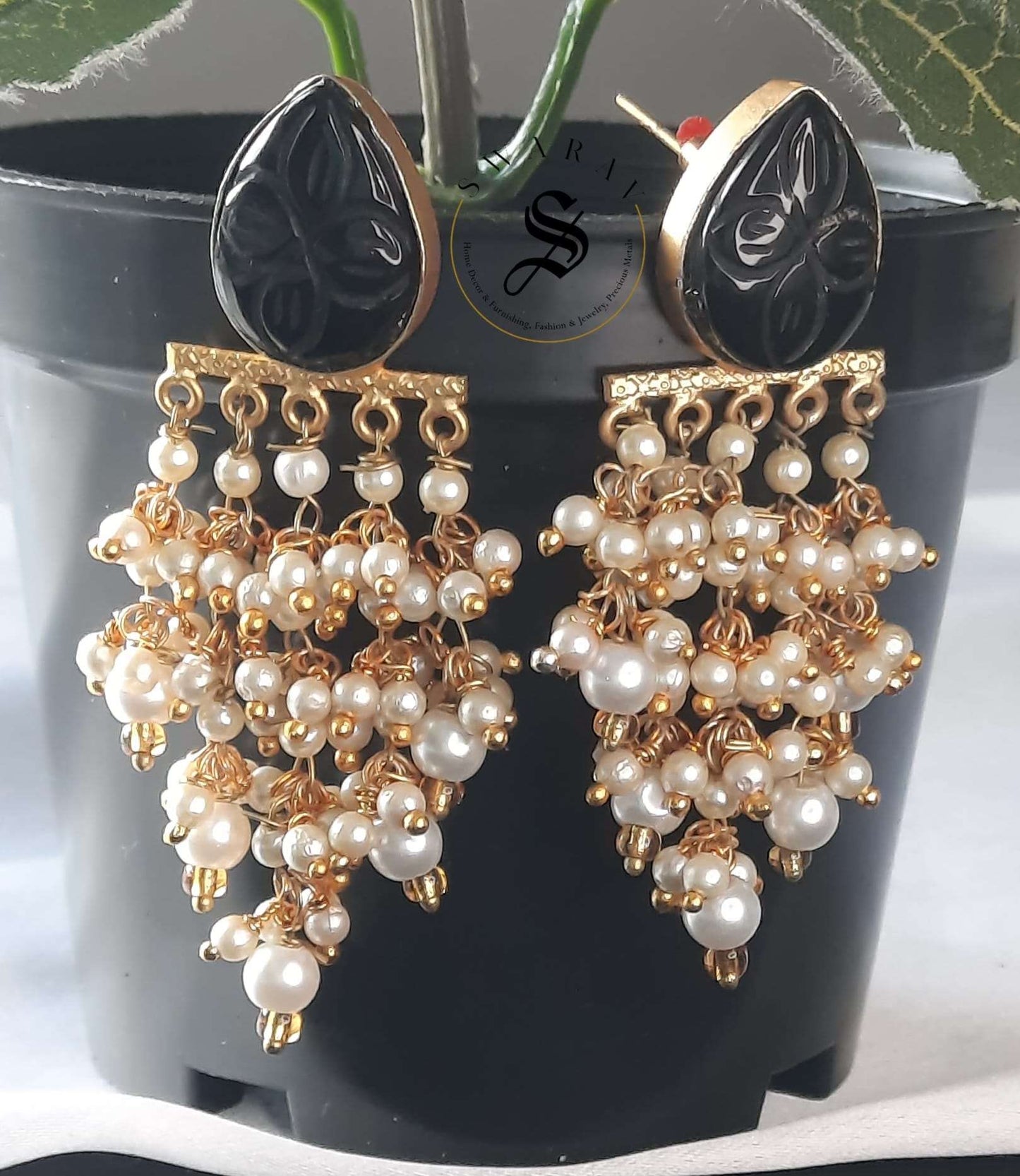 Brass Based Carved stone and Cluster beads Earring