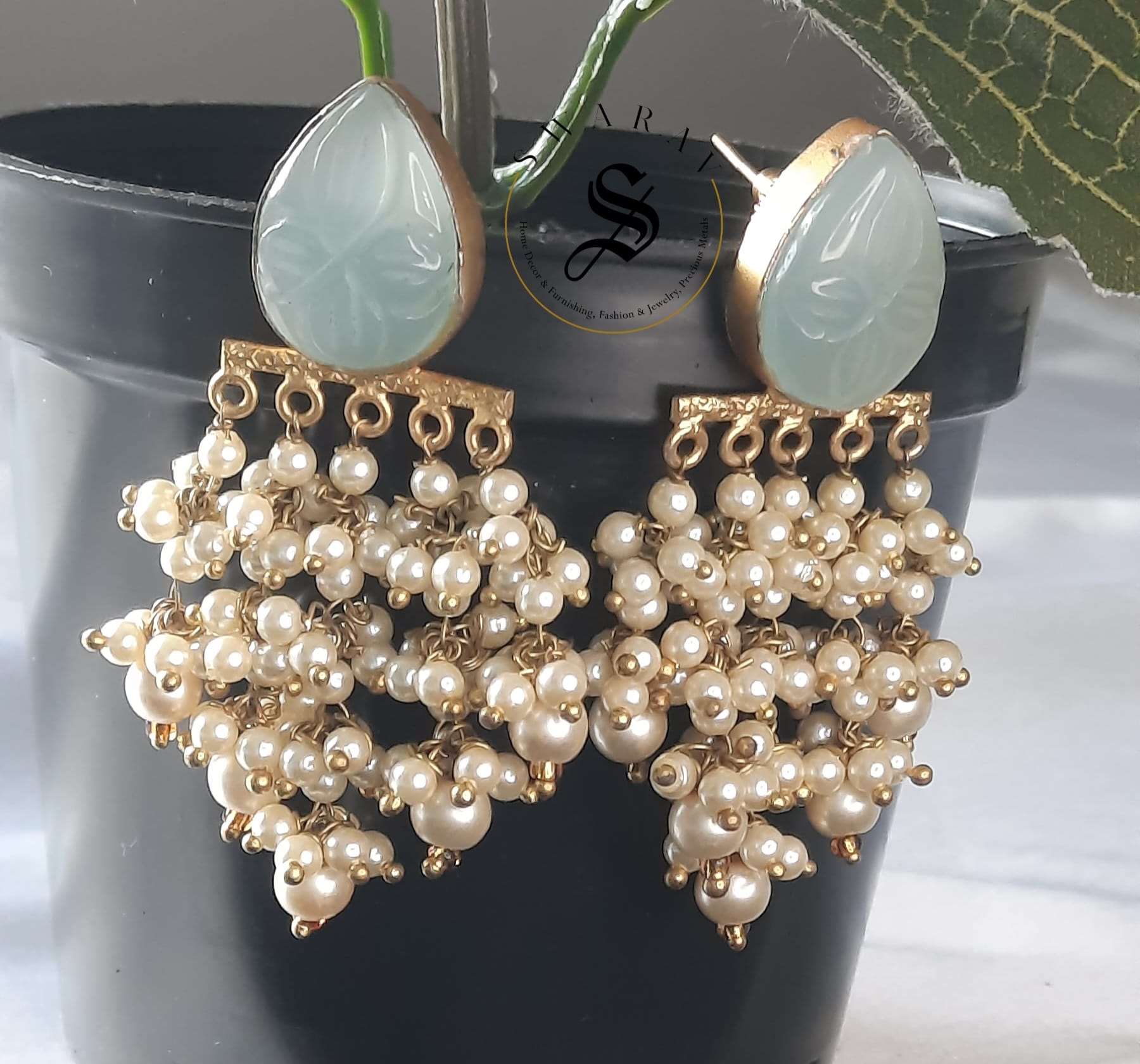 Brass Based Carved stone and Cluster beads Earring