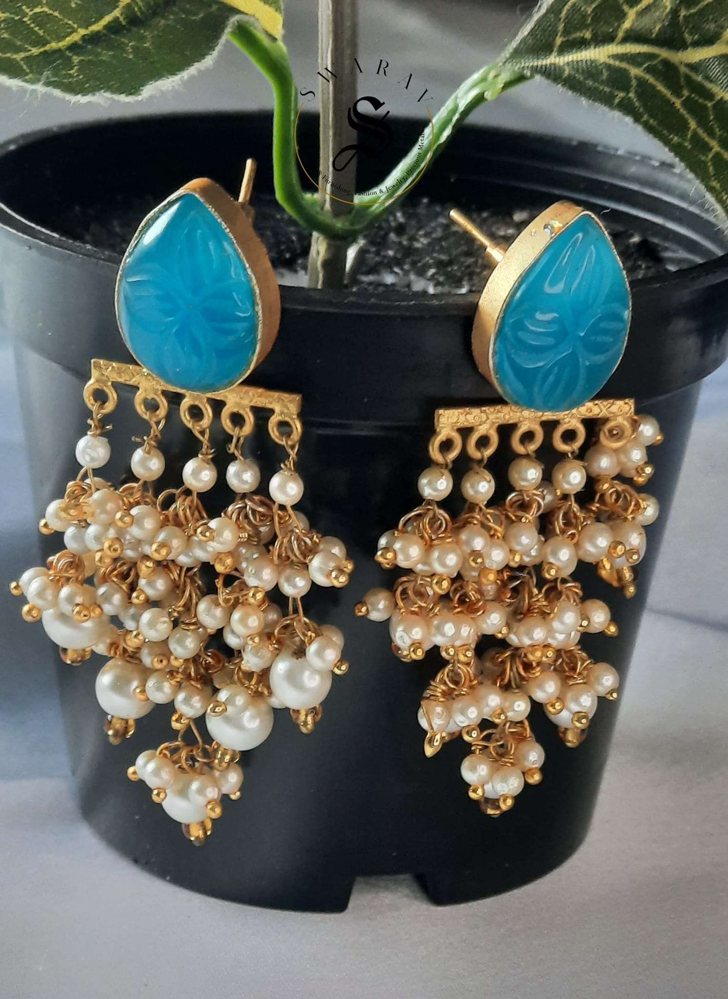 Brass Based Carved stone and Cluster beads Earring