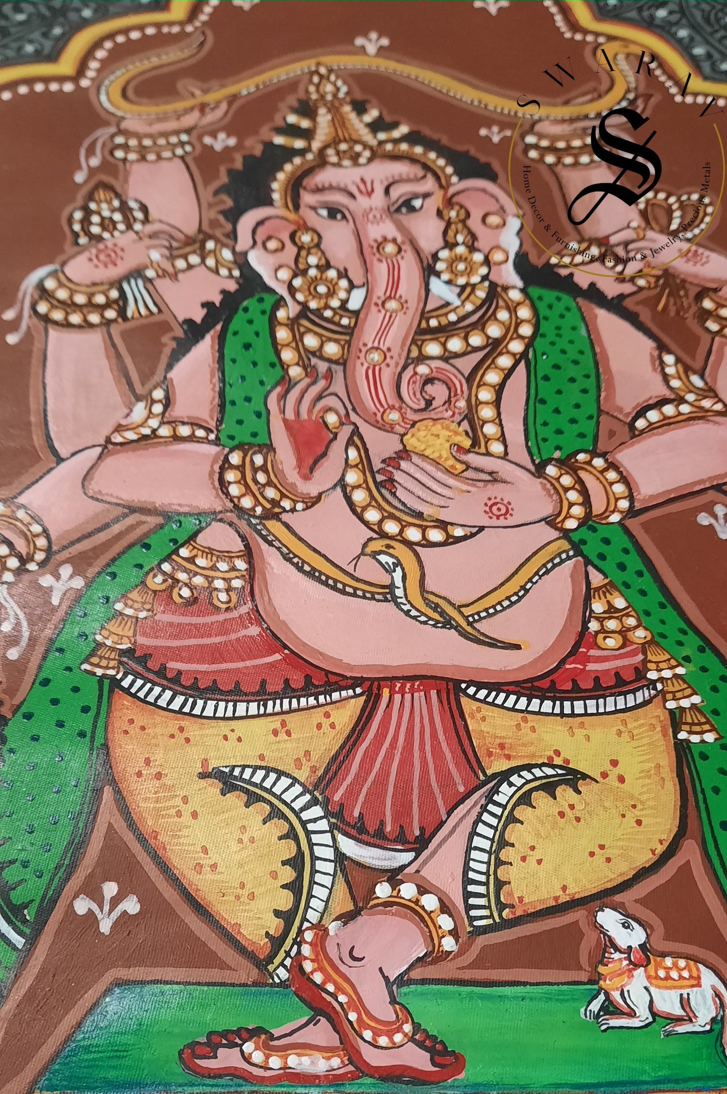 Hand made Pattachitra Painting on silk fabric. Adorable Dancing Ganesha. Size 9 by 15 inch