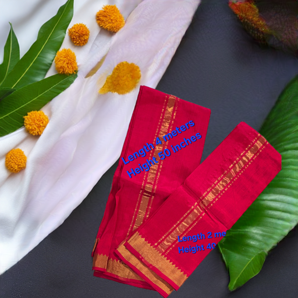 Men's pure Handloom cotton silk mix Angavastram and Vesti set with golden zari woven border. (D4). Total length for the set - 6 meters.