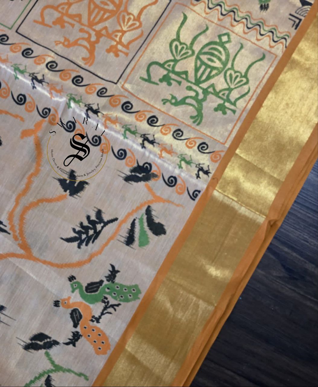 Jute by Tissue silk saree with warli inspired print. FREE ready to wear contrast Green Blouse.