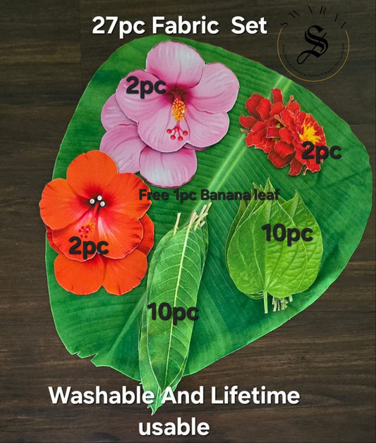 Shubhamastu - Fabric made 27pc set of Banana, Mango and Betelnut leaf and Hibiscus and Marigold Flower for floor or kalash or Pooja thali decor.