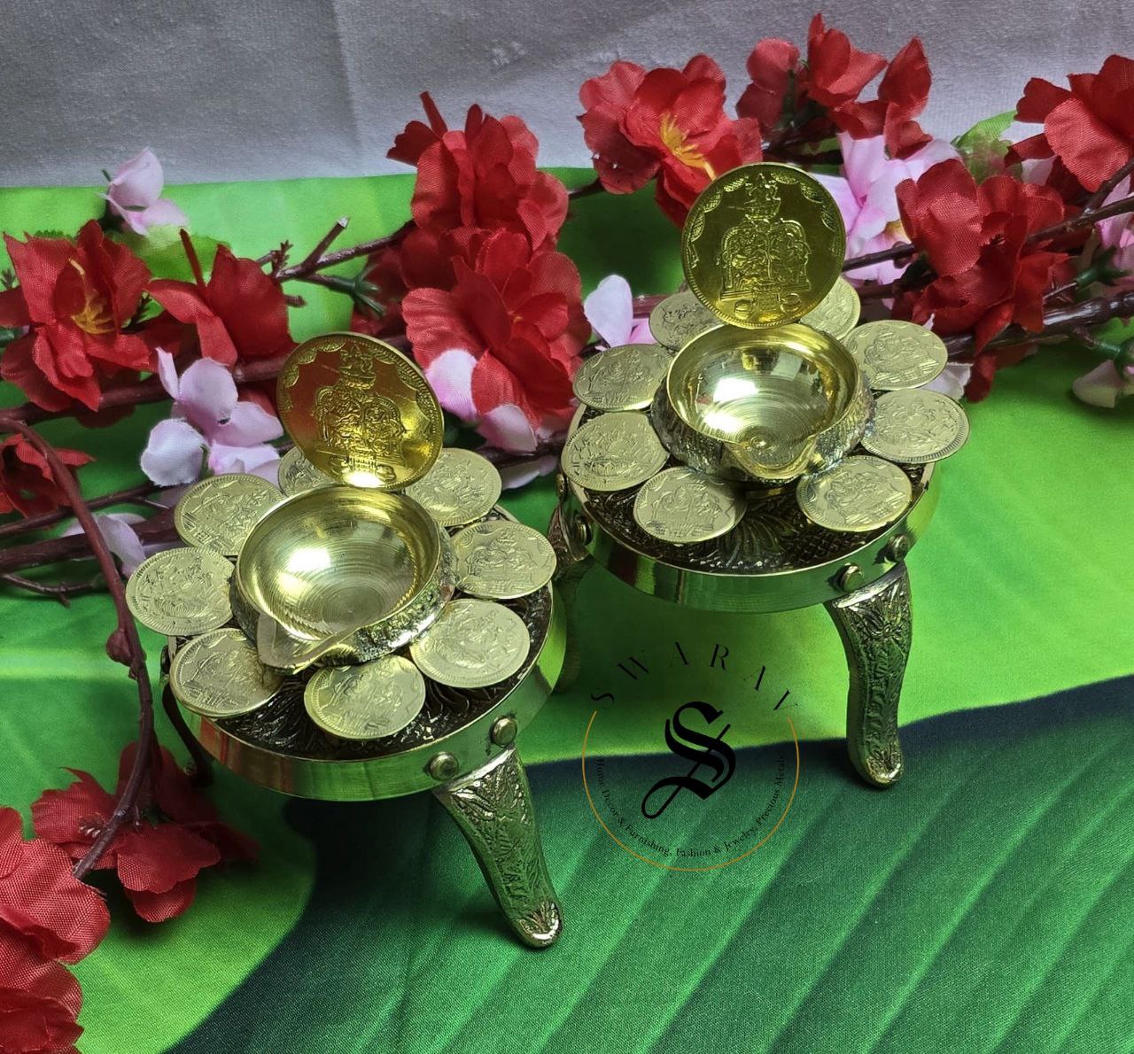 Set of 4 - Pure Brass Lakshmi coin oil lamp pair with a pair of pure brass stool/stand to hold diyas.