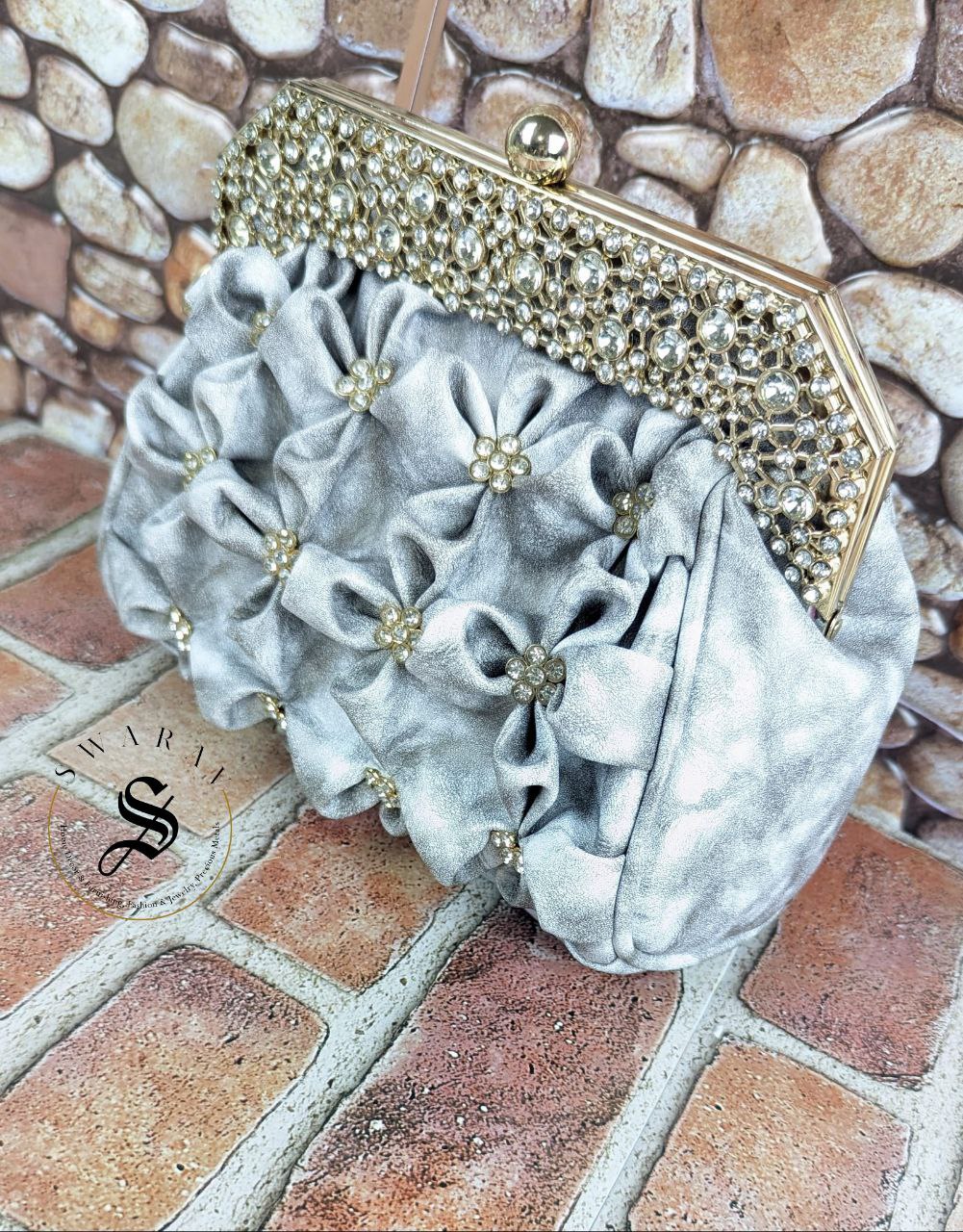 Faux Leather Floral party Clutch - Cloudy White