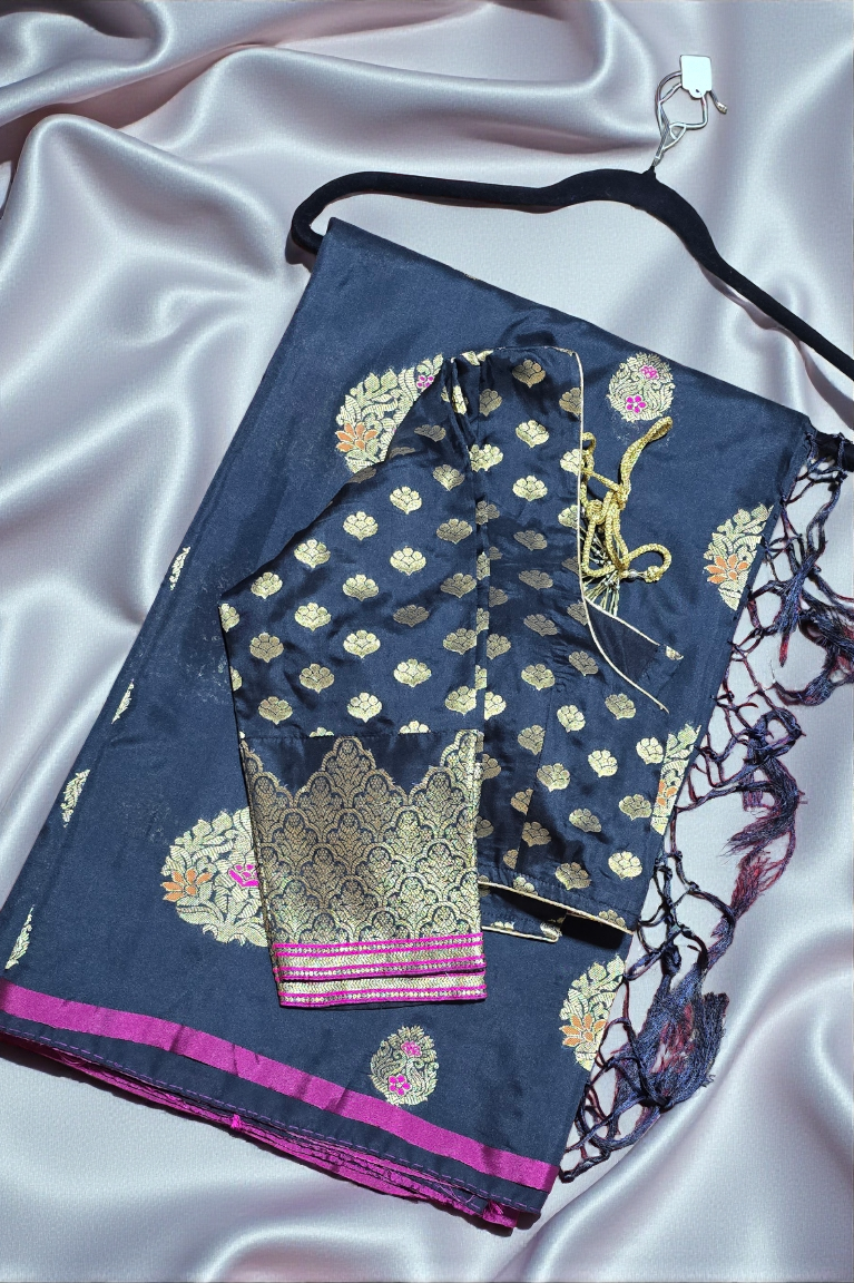 Black Art Silk soft saree in zari weave border and butas with stitched Blouse.
