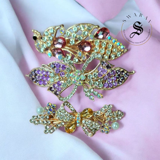 Pack of 3 floral and sparkly hair barrette clips for women with rhinestone and crystal.