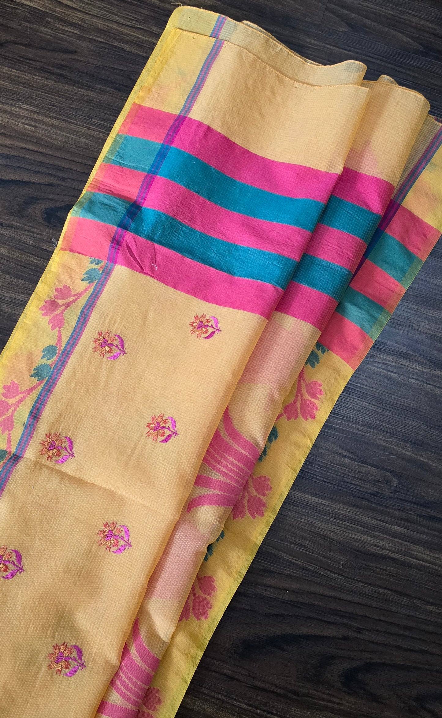 Kota cotton floral print and embroidery buta saree with stitched blouse.
