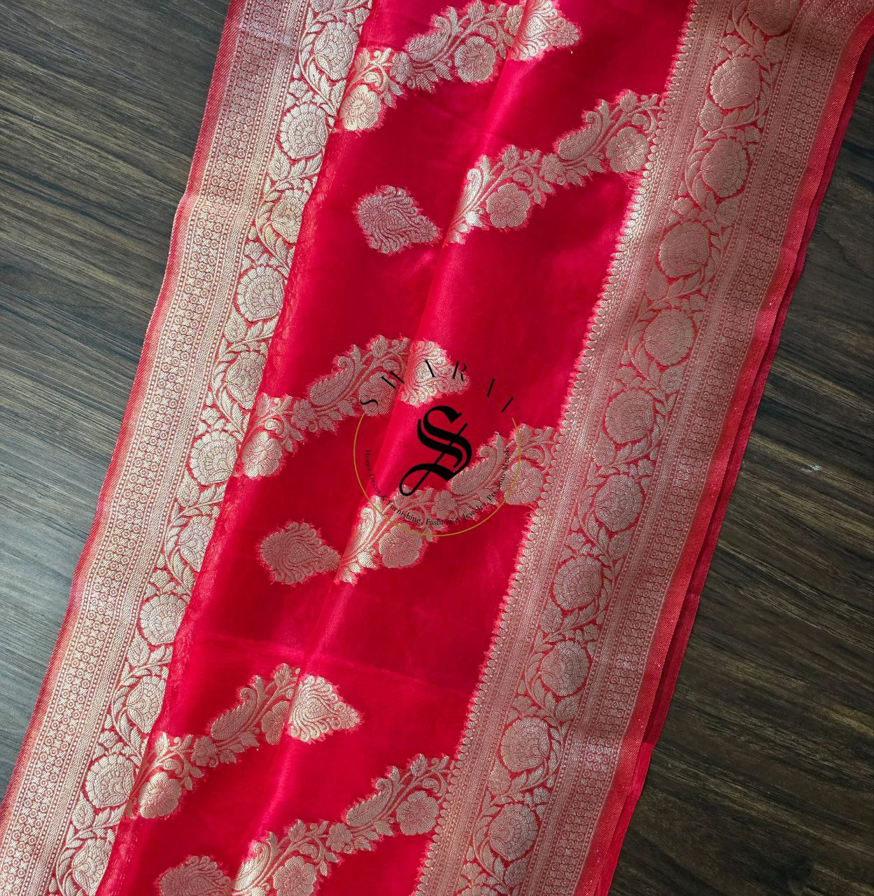 Organza Banarasi Saree with FREE ready to wear Blouse - Scarlet Red.