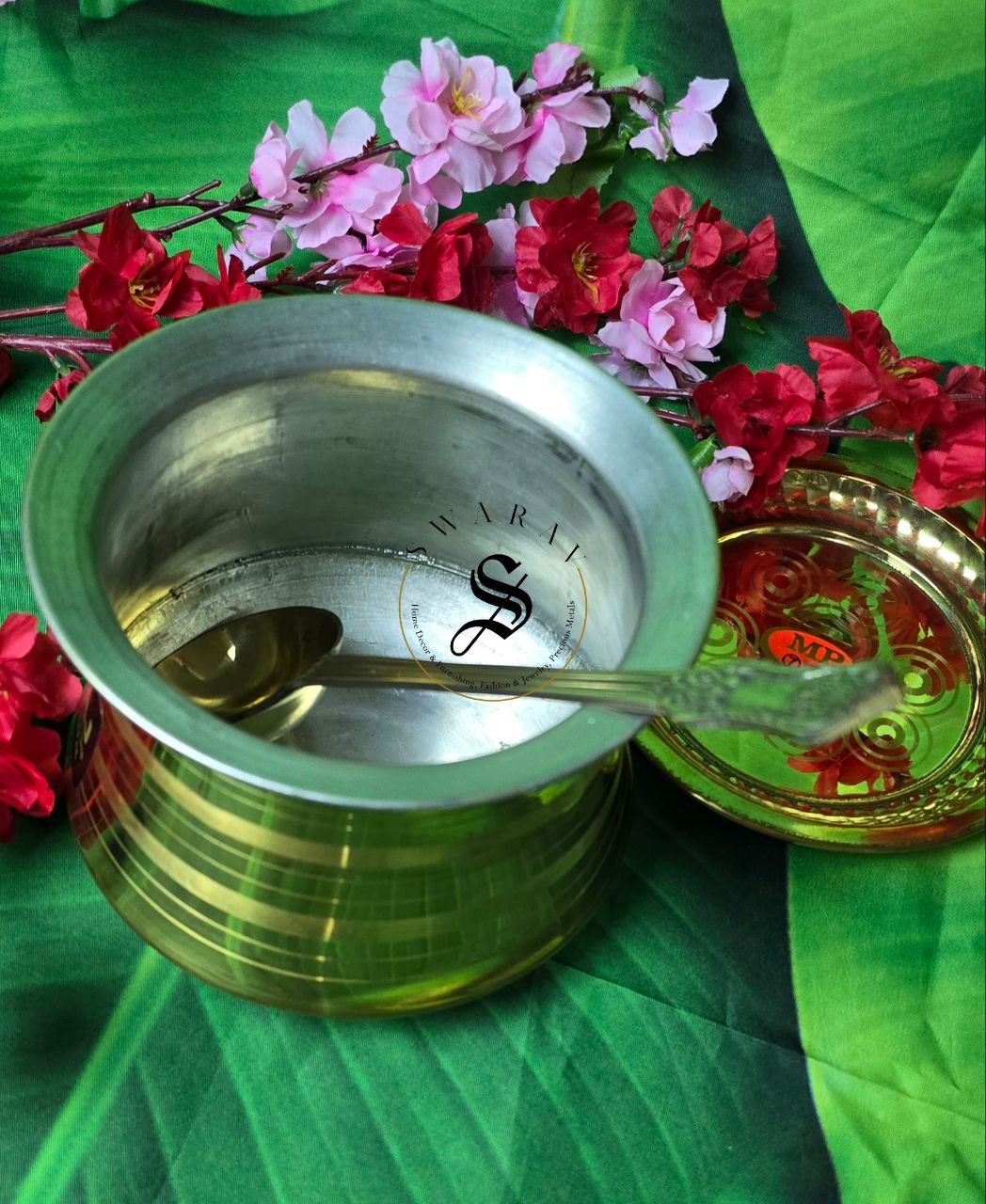 Pure Brass vessel with lid and laddle. Set of 3. Size - Big. Capacity - 2 liter.
