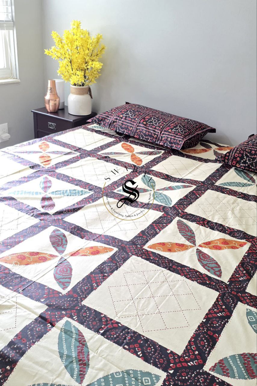 100% cotton Katha stitch and Applique design PRINTED Jaipur King Size flat sheet Set - 108 by 108 inch.