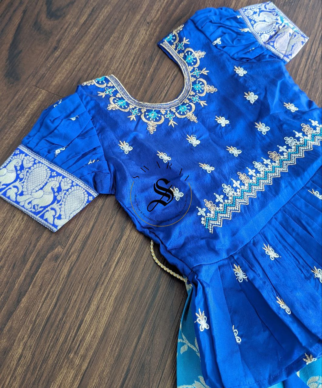 Zari woven cotton blend Pavadai set ( Ghaghra Blouse )for Baby Girl . Royal Blue. Age 6.