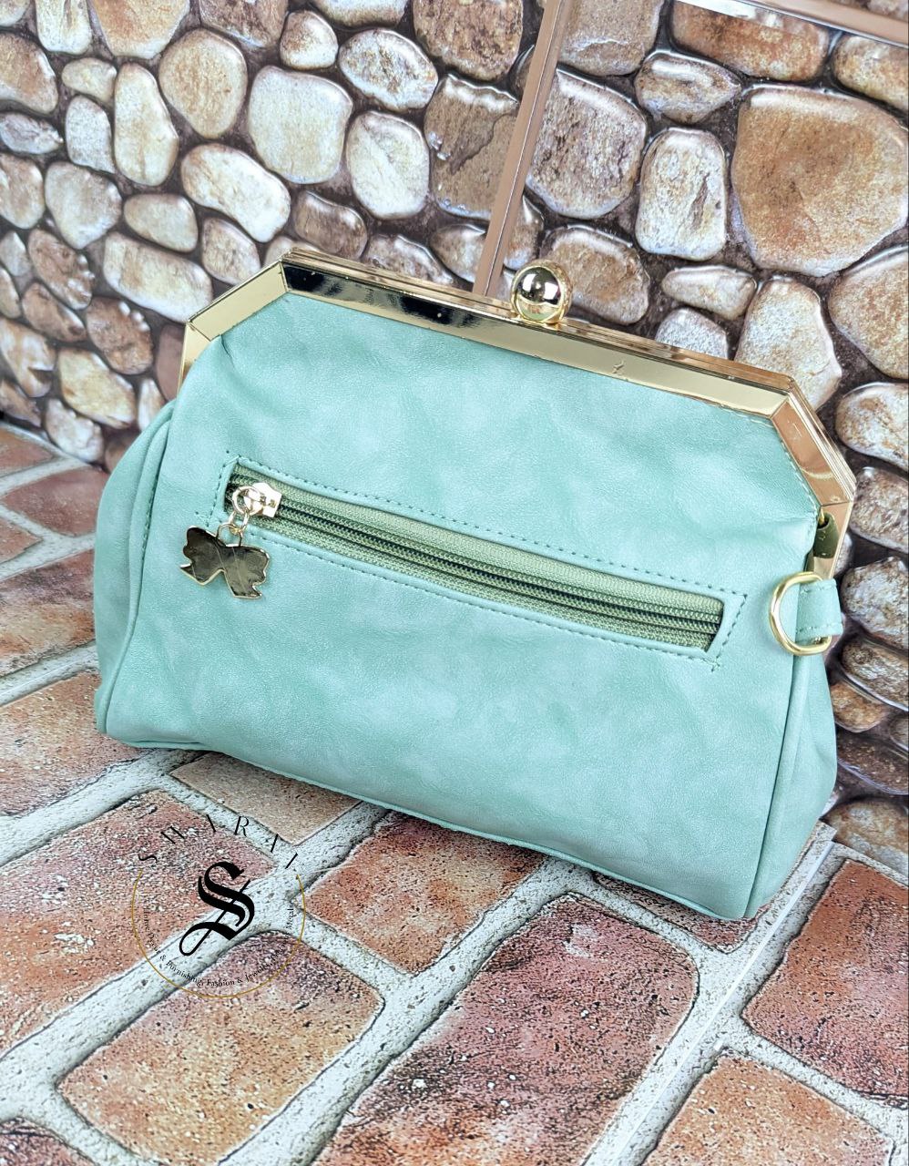 Faux Leather Floral party Clutch - Rama Green.