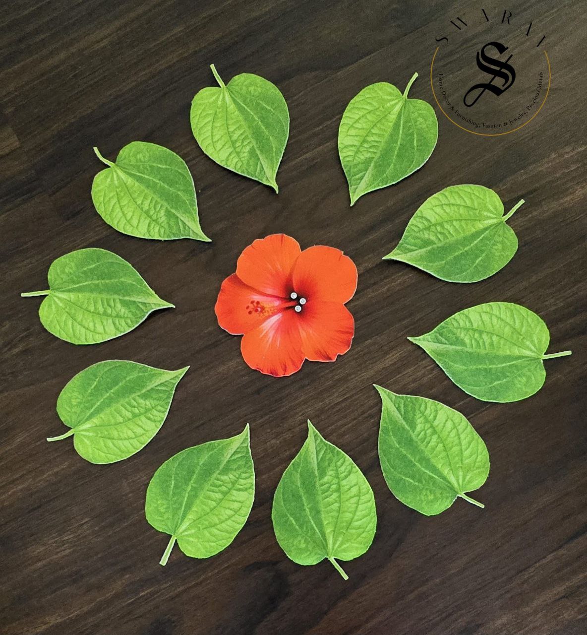 Shubhamastu - Fabric made 27pc set of Banana, Mango and Betelnut leaf and Hibiscus and Marigold Flower for floor or kalash or Pooja thali decor.