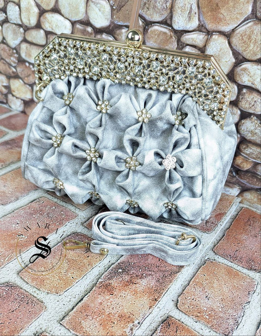 Faux Leather Floral party Clutch - Cloudy White