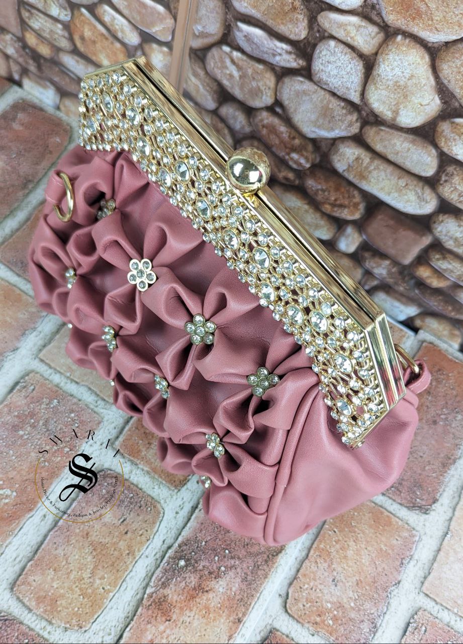 Faux Leather Floral party Clutch - Cherry Bloosom Pink