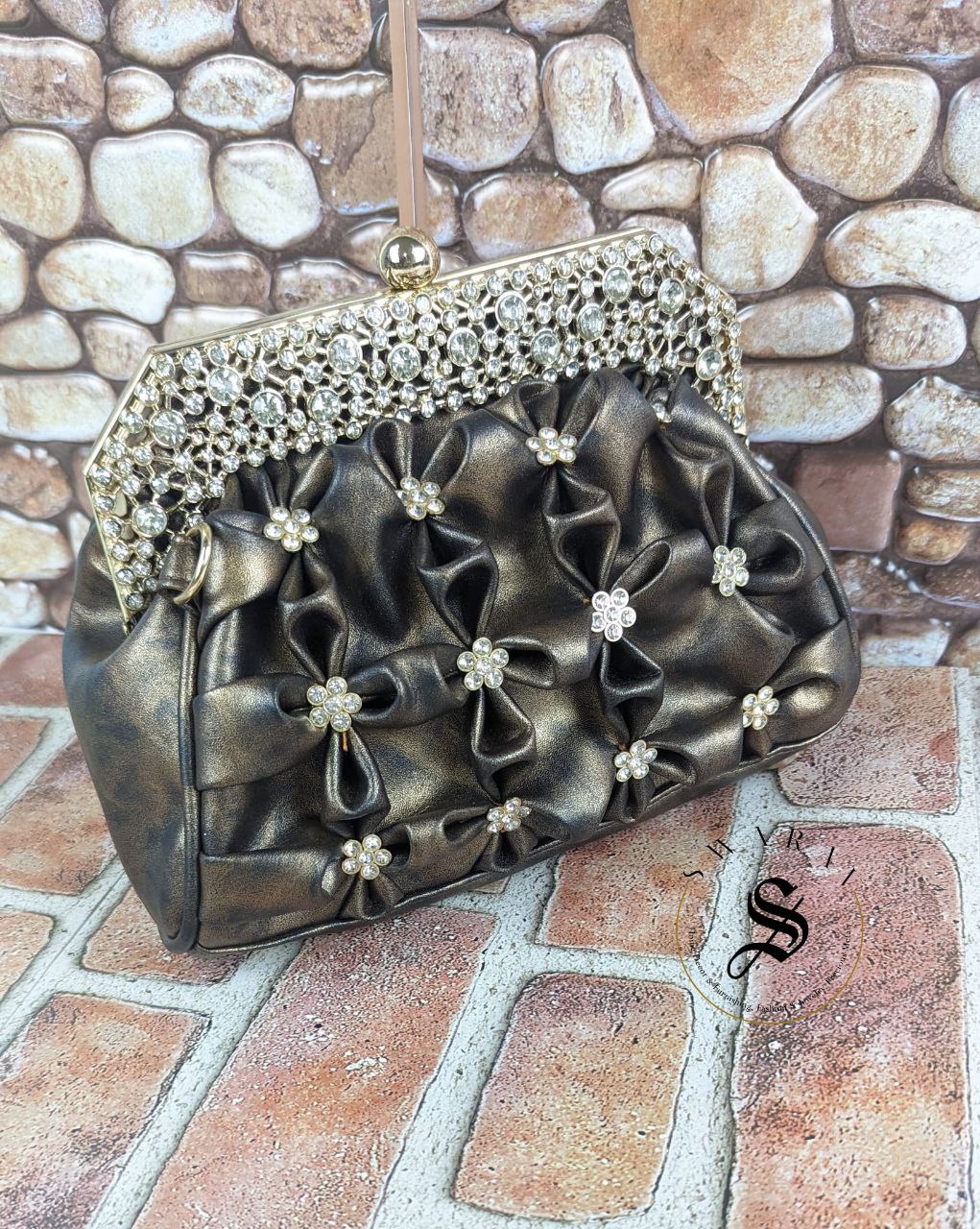 Faux Leather Floral Party Clutches - Black Brown