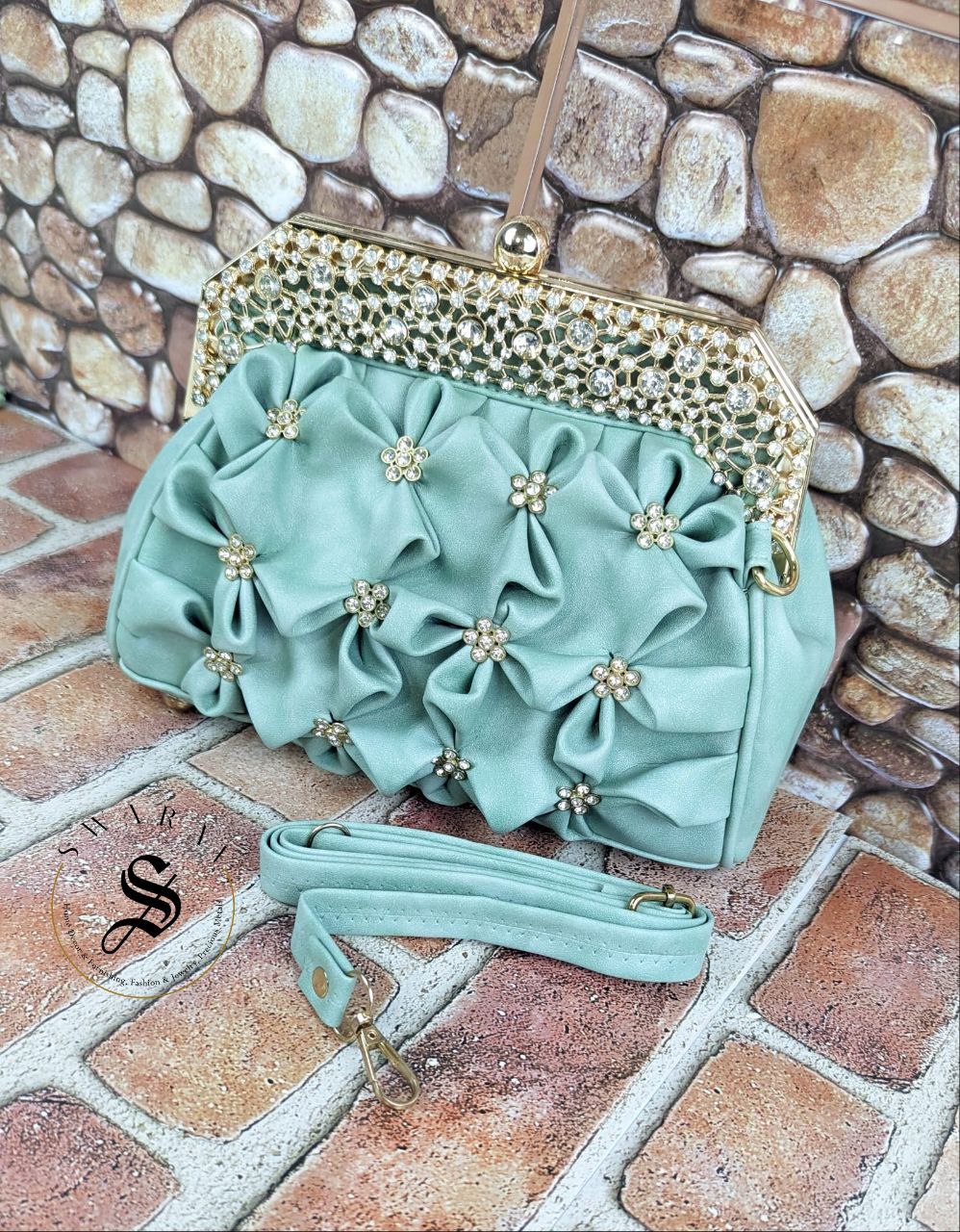 Faux Leather Floral party Clutch - Rama Green.