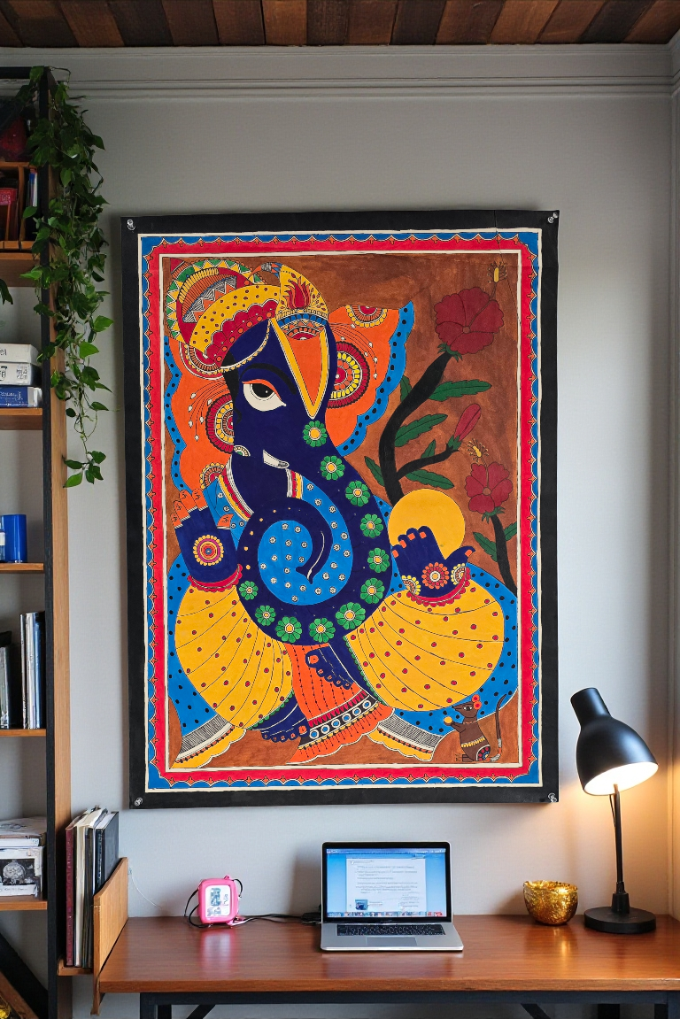 Madhubani or Mithila Painting – Lord Ganesha with his beautiful ornaments and Laddu in hand.