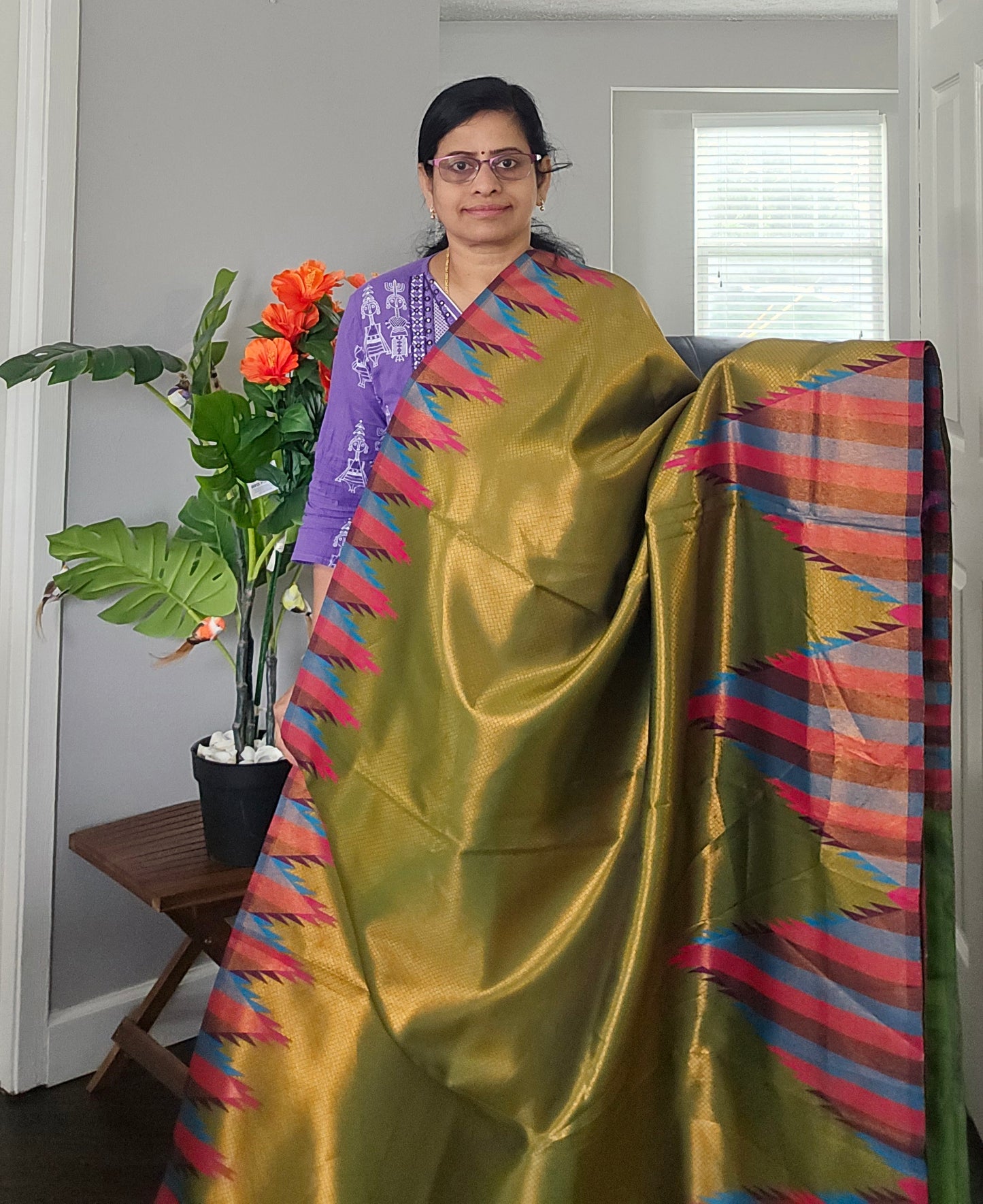 Mehendi green temple border semi silk Saree with dark purple Jacquard stitched blouse. Code - SAR106