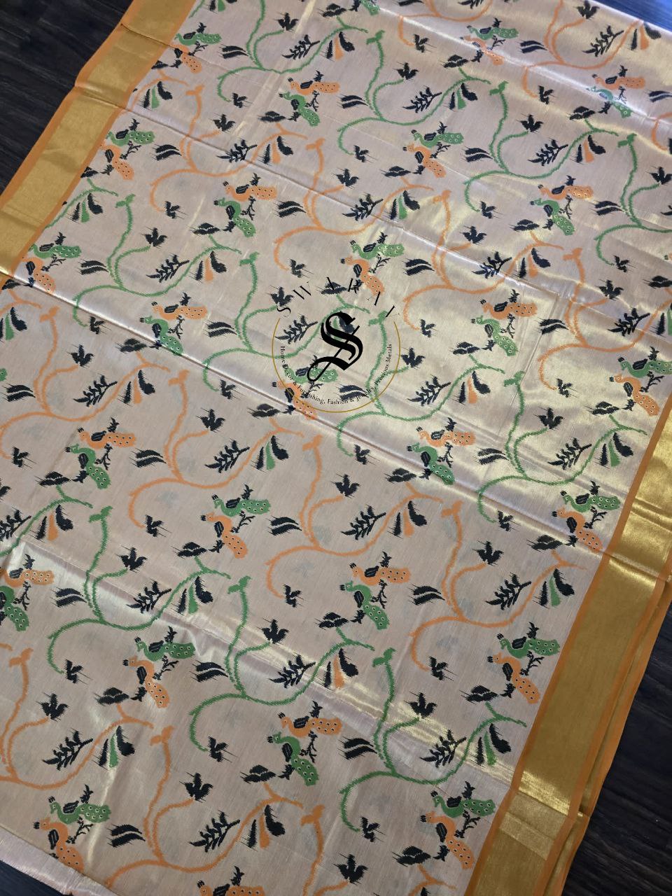 Jute by Tissue silk saree with warli inspired print. FREE ready to wear contrast Green Blouse.