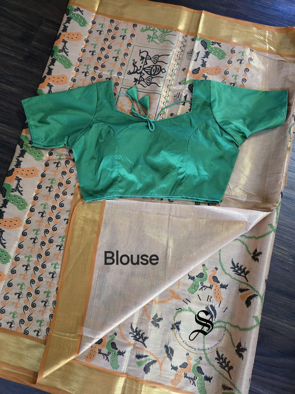 Jute by Tissue silk saree with warli inspired print. FREE ready to wear contrast Green Blouse.