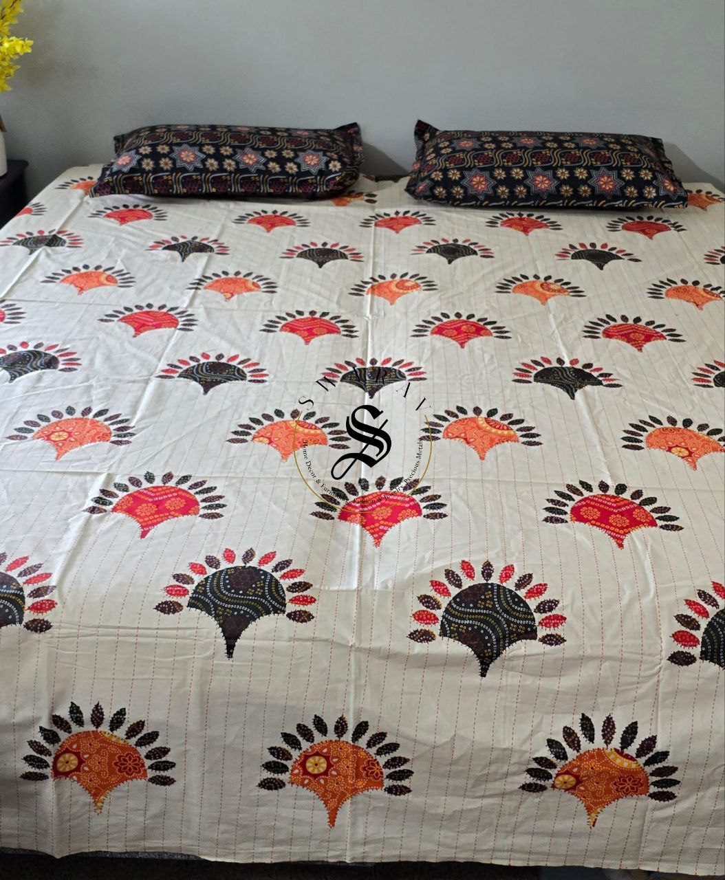 100% cotton Katha stitch and Applique design PRINTED Jaipur King Size flat sheet Set - 108 by 108 inch.