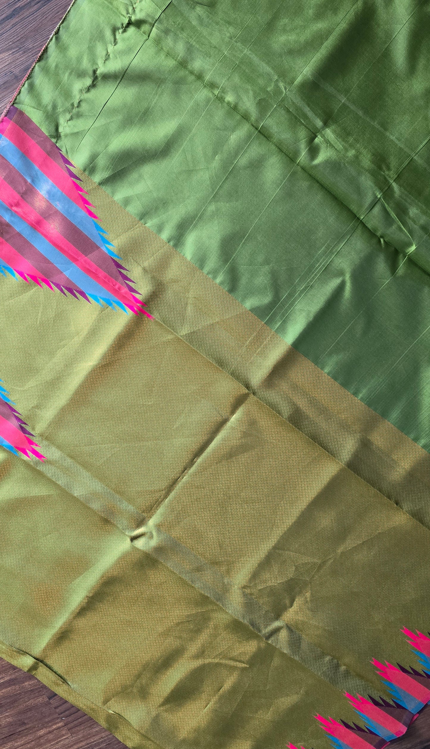Mehendi green temple border semi silk Saree with dark purple Jacquard stitched blouse. Code - SAR106