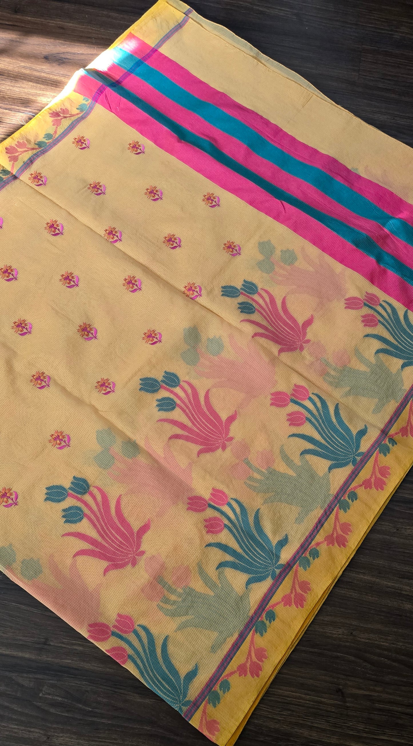Kota cotton floral print and embroidery buta saree with stitched blouse.
