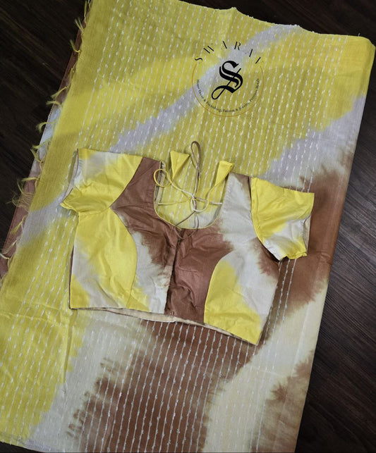 Semi Tussar hand shibori saree with stitched blouse. Color - yellow and brown