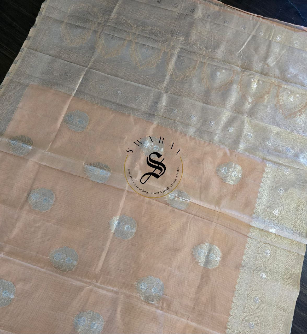 Soft peach color zari woven Organza Banarasi silk with zari motif matching Blouse piece