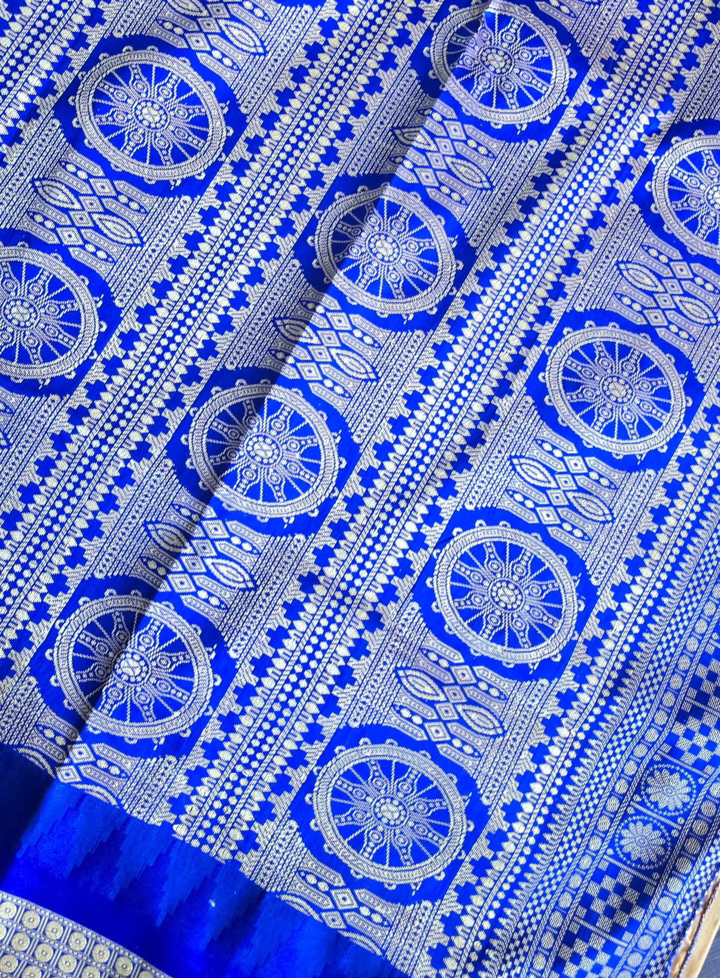 Mustard/turmeric yellow Sambalpuri Bomkai silk saree with royal blue stitched blouse. Code - SAR103