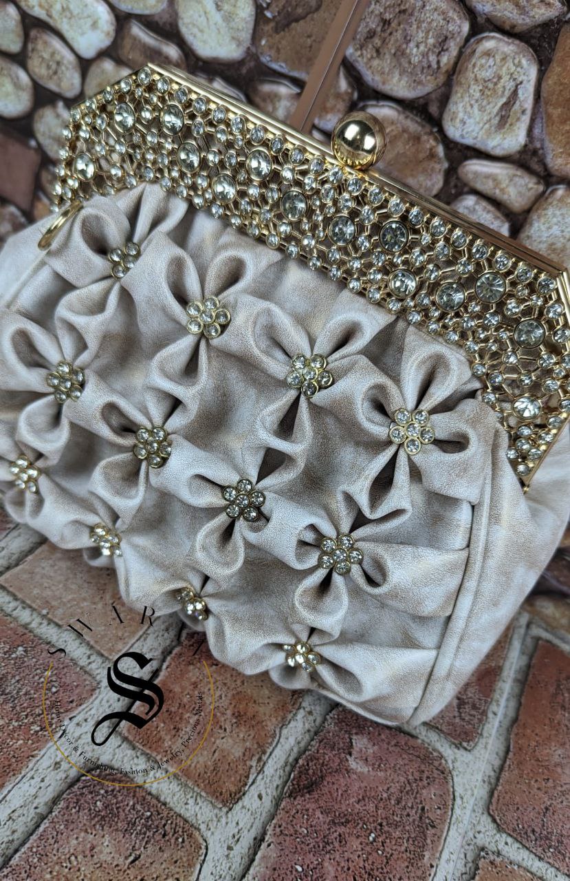 Faux Leather Floral party Clutch -Creamy White