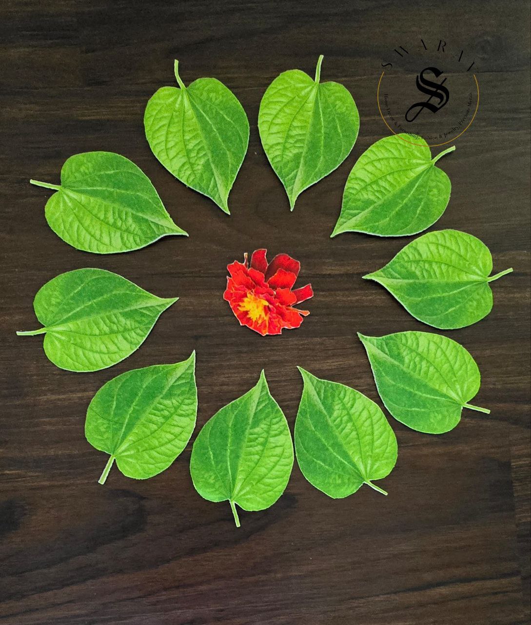 Shubhamastu - Fabric made 27pc set of Banana, Mango and Betelnut leaf and Hibiscus and Marigold Flower for floor or kalash or Pooja thali decor.