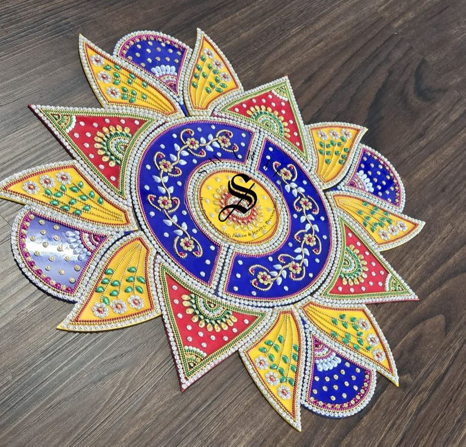 Handmade 19 piece Acrylic Rangoli. Size - 15 inch approx. Multi color.