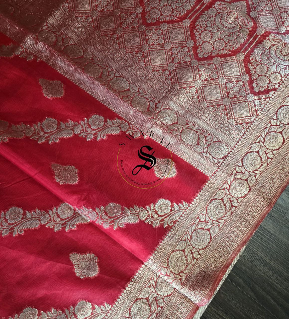 Organza Banarasi Saree with FREE ready to wear Blouse - Scarlet Red.