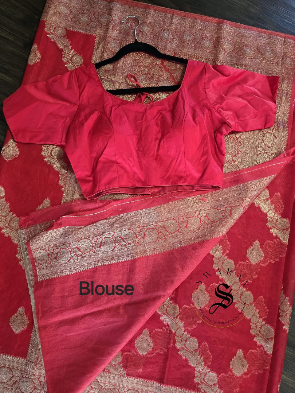 Organza Banarasi Saree with FREE ready to wear Blouse - Scarlet Red.