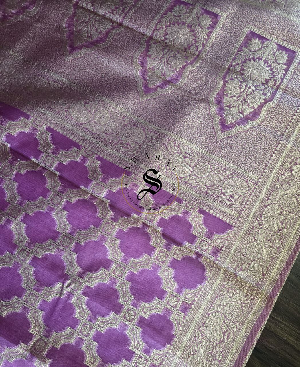 Organza Banarasi Saree in full zari weave with FREE ready to wear blouse. Color - Magenta.