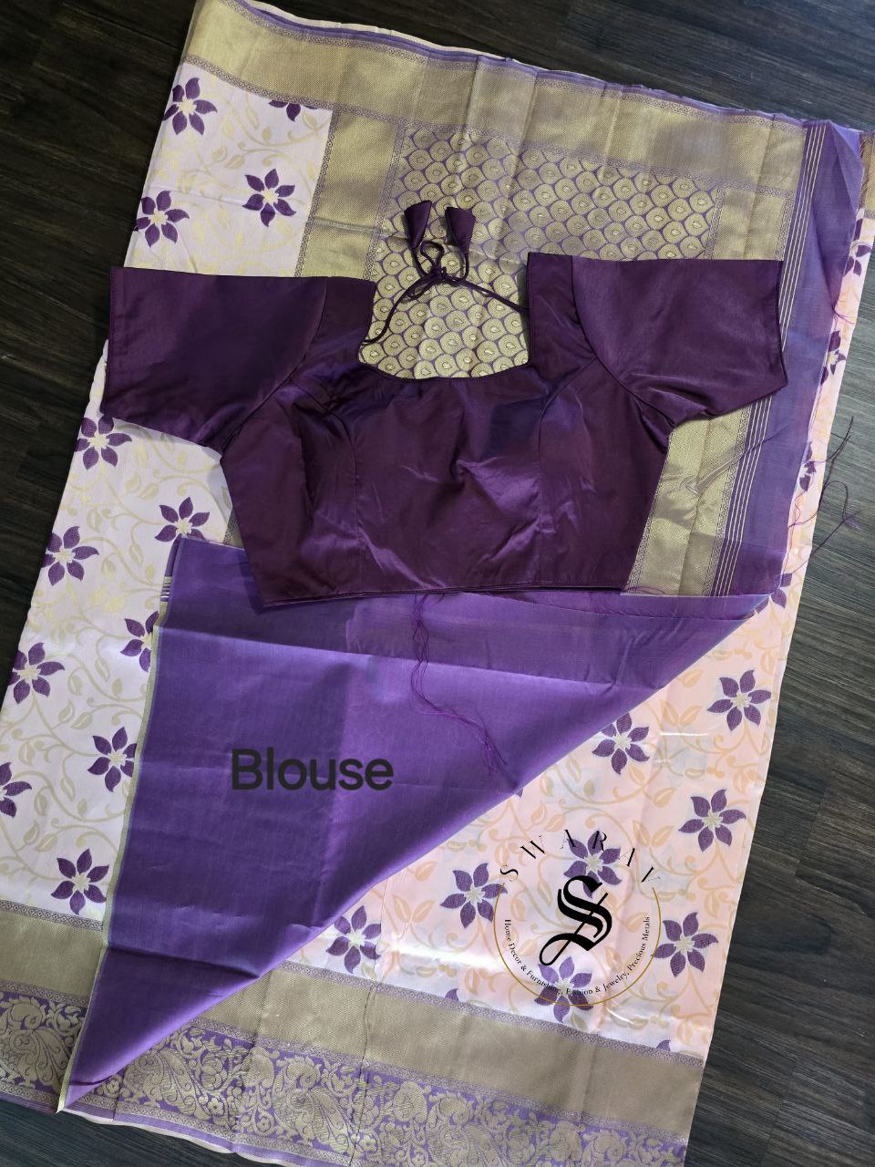 Jute by Satin Silk creamy pink Saree with FREE contrast purple stitched ready to wear Blouse.