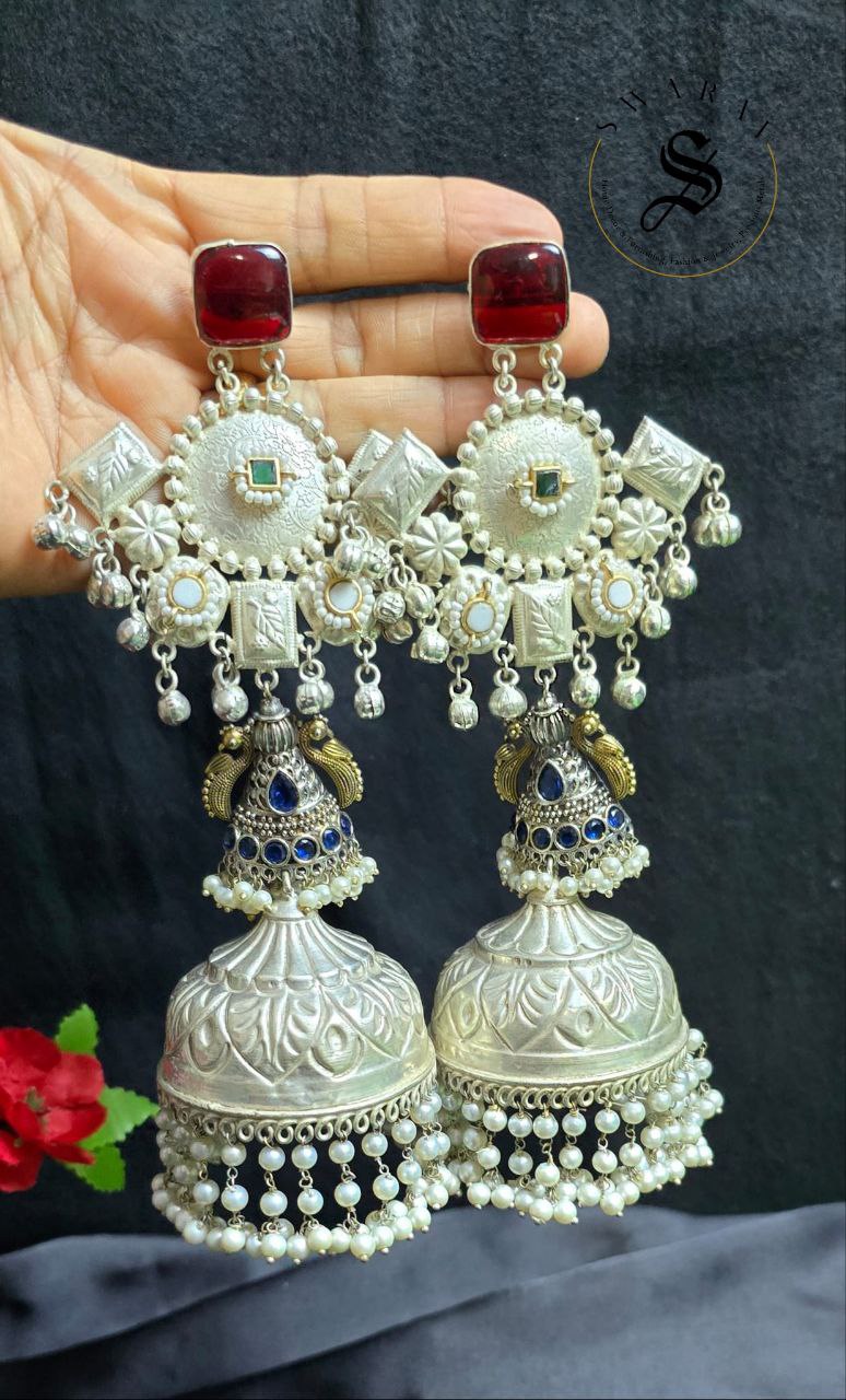 German Silver light weight Long Jhumkas. Handmade. Length - approx 6 inch