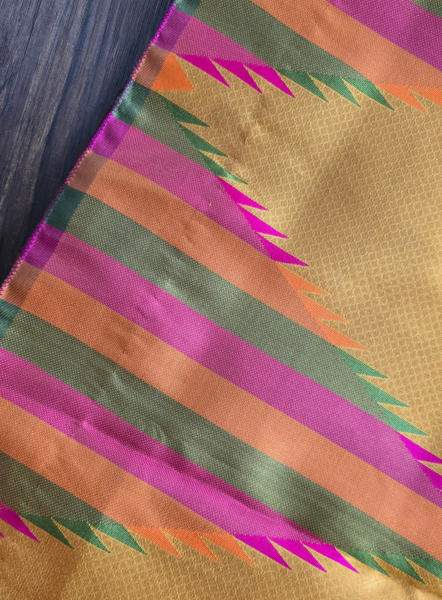 Golden yellow temple border semi silk saree with majenta Jacquard stitched blouse. Code - SAR101
