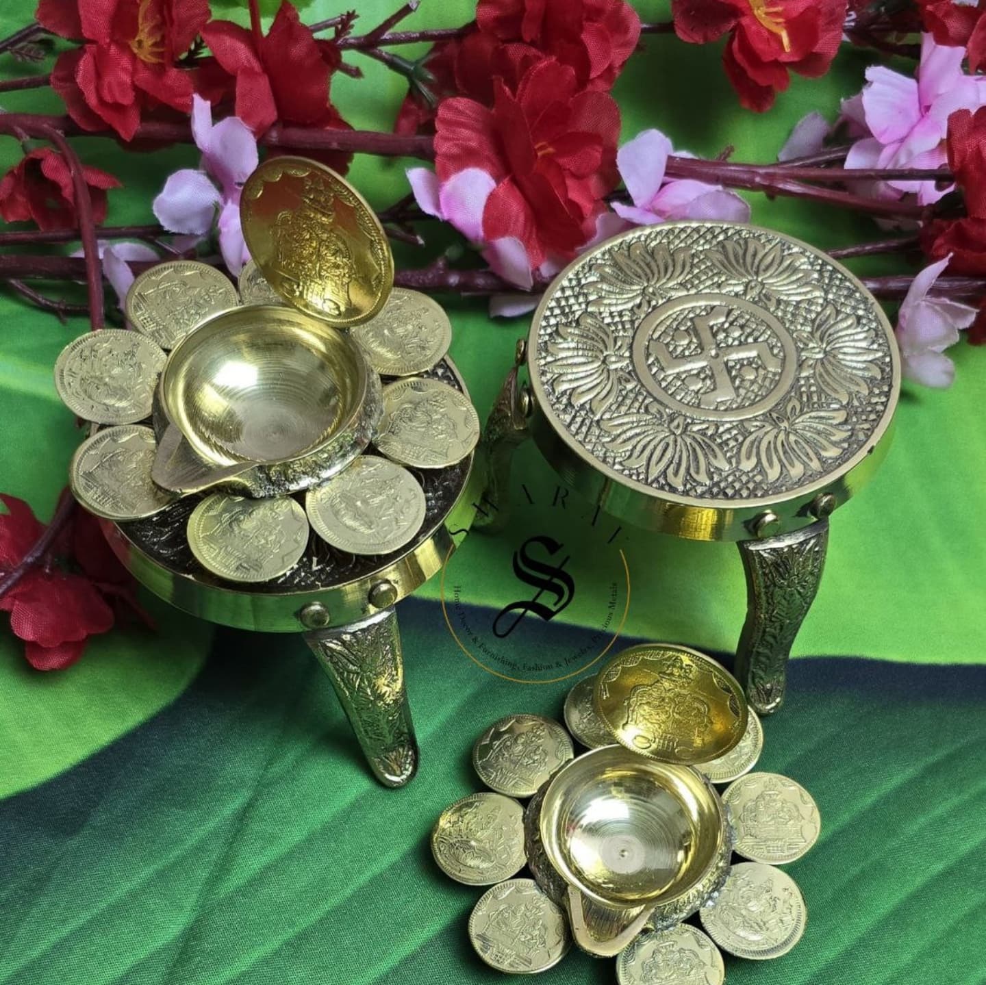 Set of 4 - Pure Brass Lakshmi coin oil lamp pair with a pair of pure brass stool/stand to hold diyas.