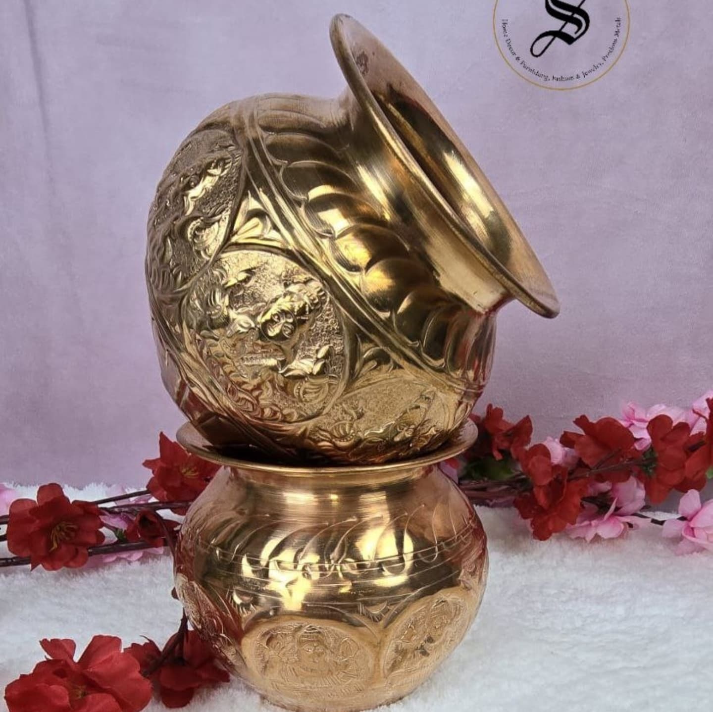 Pack of 2 - Pure copper Lakshmi engraved Kalash. Size - 6 inches.