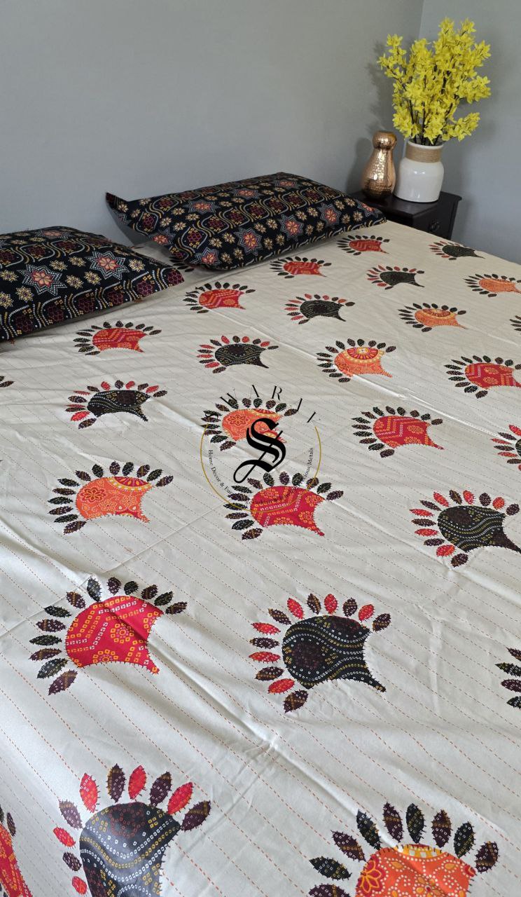 100% cotton Katha stitch and Applique design PRINTED Jaipur King Size flat sheet Set - 108 by 108 inch.