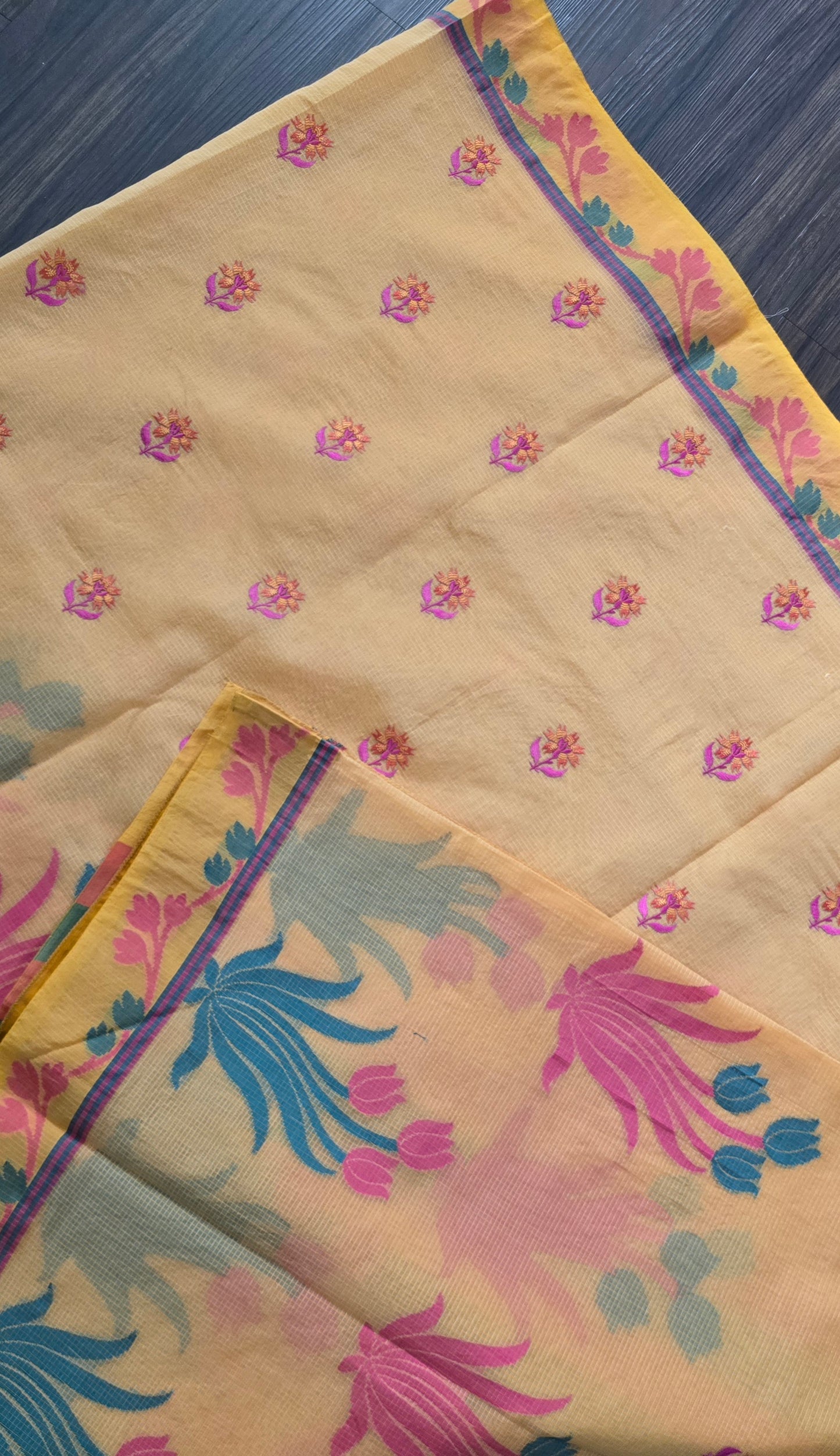 Kota cotton floral print and embroidery buta saree with stitched blouse.