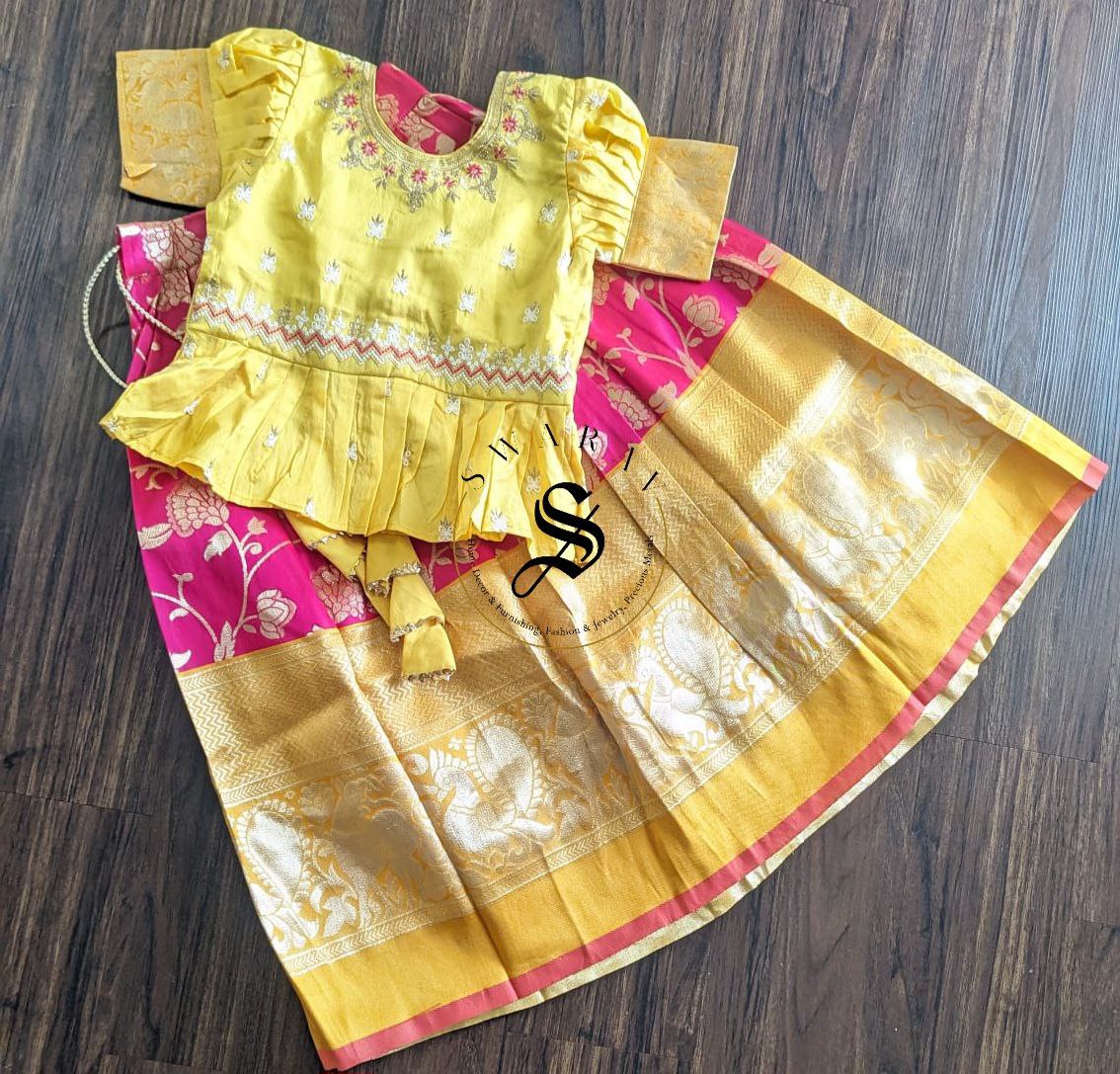 Zari woven cotton blend  Pavadai set ( Ghaghra Blouse )for Baby Girl . Age 6.