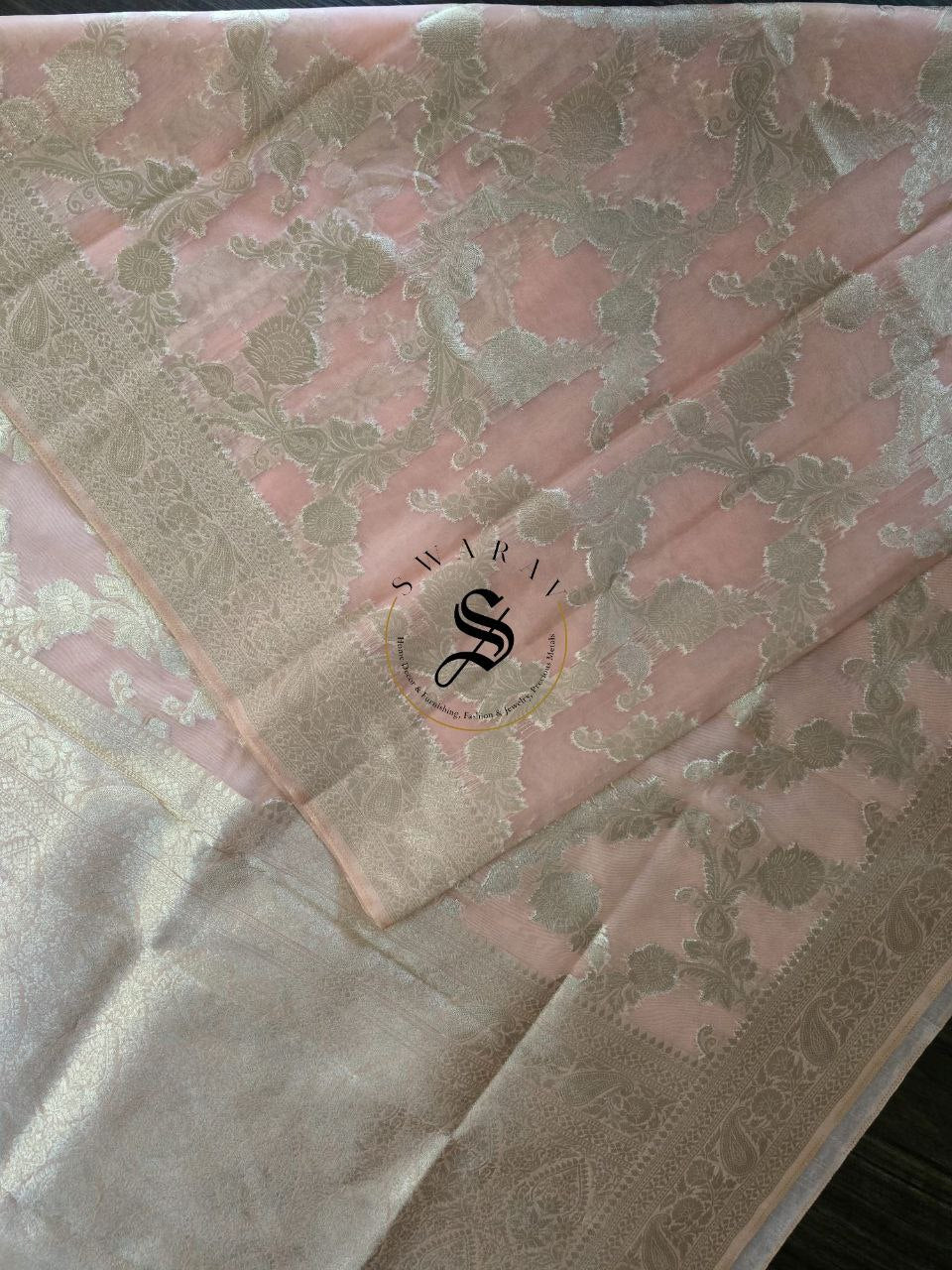Semi soft peachy Organza silk with zari woven Banarasi Jaal pattern with matching blouse piece