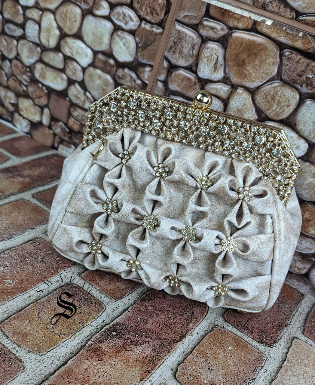 Faux Leather Floral party Clutch -Creamy White